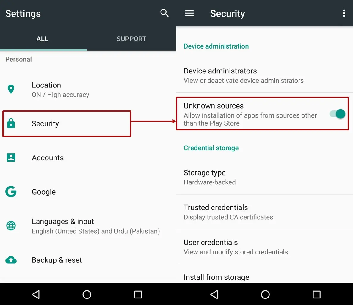 Android APK installation security settings step